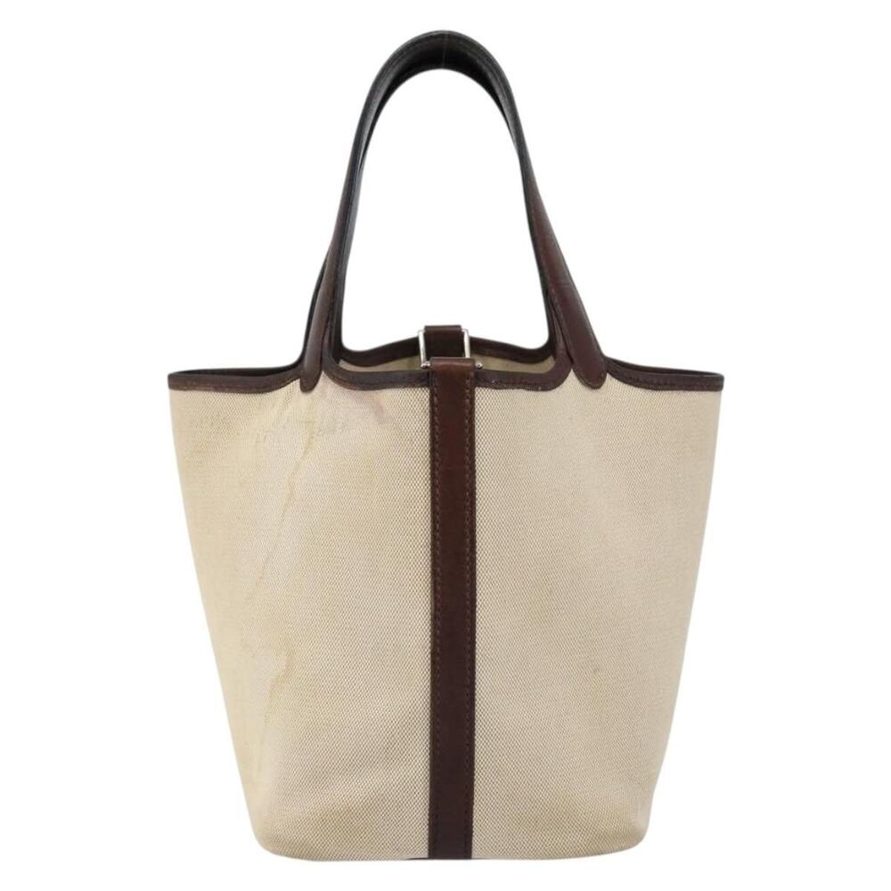 Hermes Canvas Leather Toile H Picotin PM Shoulder Bag Beige